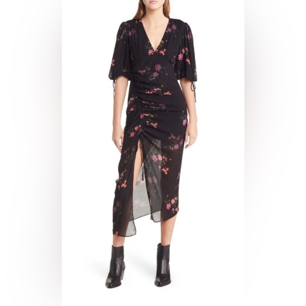 NWT All Saints Safiya Solanio Floral Print V-Neck Ruched Midi Dress US Size 2 - Picture 2 of 12